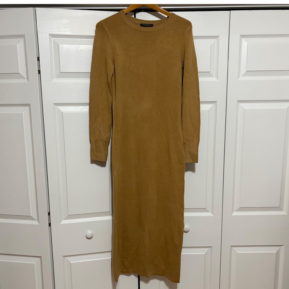 NWT French Connection Crew Neck Sweater Dress Women L Camel Fitted Fall Core